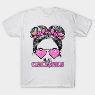 Kids Hello Kindergarten Messy Bun Girls Back To School T-Shirt